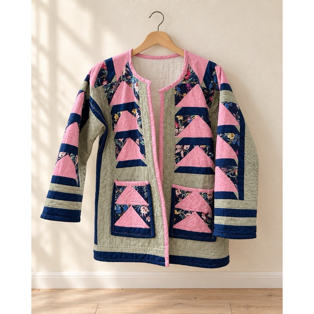 OOAK Handmade Quilted Patchwork Jacket Pink Navy Floral Wearable Art
